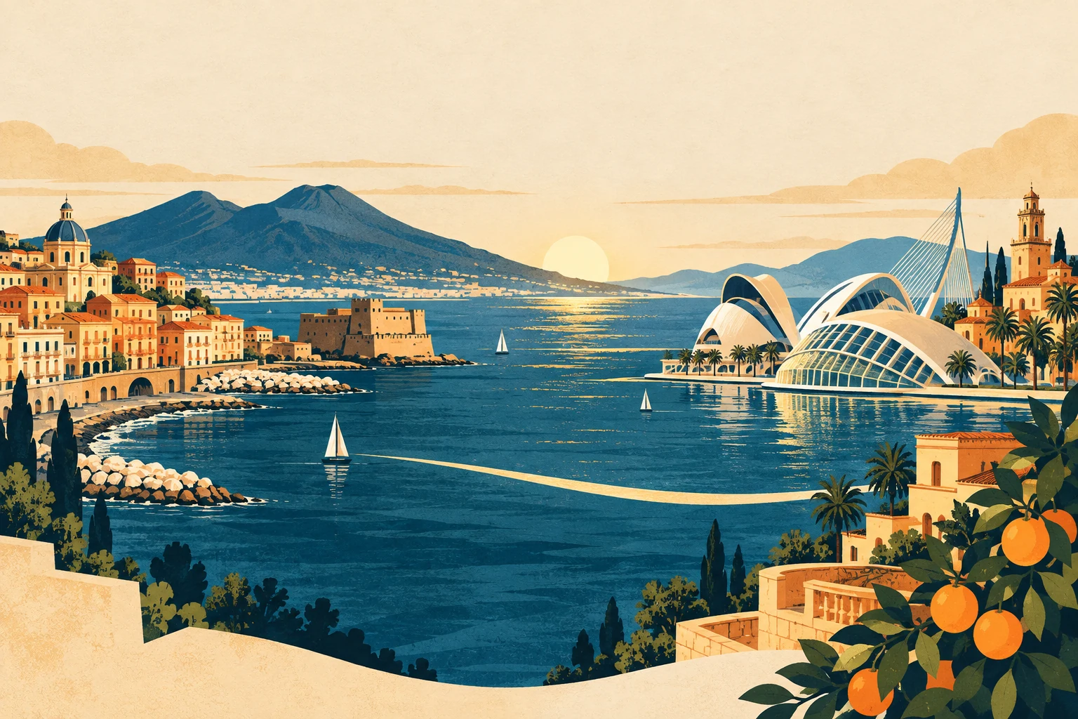 Ilustración estilizada que une Nápoles y Valencia a través del Mediterráneo